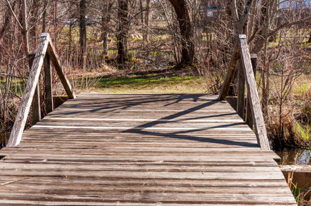 Wooden bridge over stream in Buttonwood Parkの写真素材