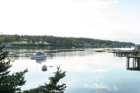 Bass Harbor, Maine, USA - September 21, 2018: Lobster boat Ellen Marie at mooring in Bass Harbor on quiet late summer morningのeditorial素材