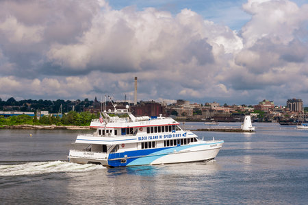 Fairhaven, Massachusetts, USA - July 1, 2020: Islander, a Block Island Hi-Speed Ferry, heading for Fairhaven under dramatic cloudsのeditorial素材