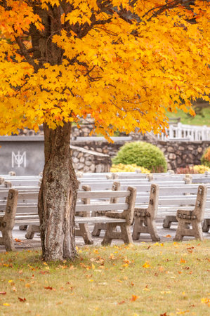 Colebrook, New Hampshire, USA - September 30, 2009: Empty benches on autumn morning at the Shrine of our Lady of Graceのeditorial素材