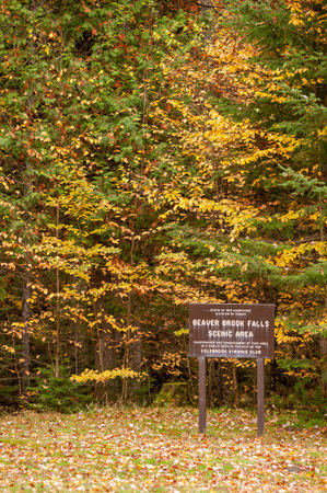 Sign for Beaver Brook Falls Scenic Area near Colebrook, New Hampshireのeditorial素材