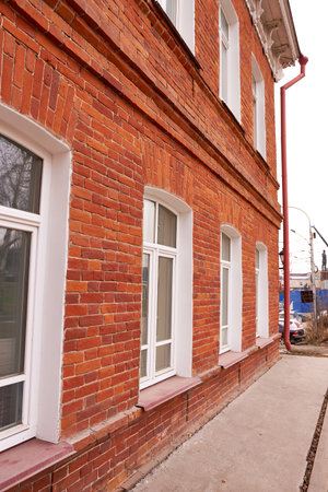 Novosibirsk, Siberia, Russia - April 19, 2022. Part of the brick building of the museum "City beginning", Mikhailovskaya Embankment.のeditorial素材