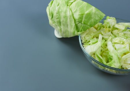 A bowl of sliced cabbage and a quarter cabbage on a gray background. The concept is a strict diet.の写真素材