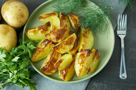 Baked potatoes on a green plate, top view. The concept is potato dishes.の写真素材