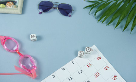 Blue background decorated with decorative plant with vacation-themed items, sunglasses, picture...