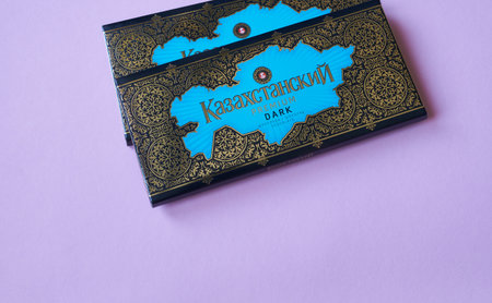 Novosibirsk, Siberia, Russia - October 31, 2022. Kazakh Bayan Sulu Exclusive bitter chocolate,...