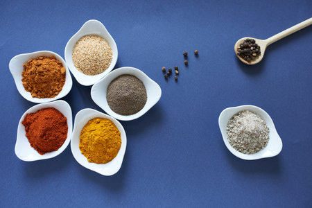 Set of different peppers with garlic and salt on a blue background. Beautiful banner for a cooking site.の写真素材