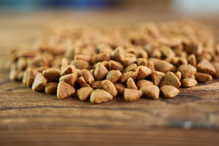 Dry dog food on wooden background. selective focus. Shallow depth of field.の写真素材