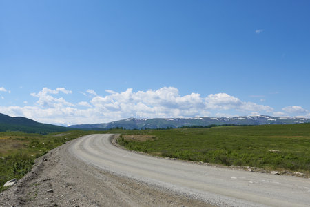 Mountain road in the highlands of the Altai Republic.の写真素材