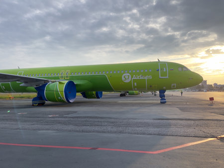 Novosibirsk, Russia - September 20, 2023. S7 airplane at Tolmachev International Airport. Maintenance of the airplane.のeditorial素材