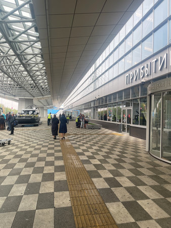 Krasnoyarsk, Russia - September 13, 2023. Airport entrance, arrival area. Krasnoyarsk airportのeditorial素材