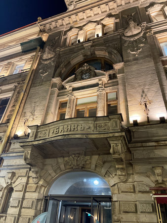 St. Petersburg, Russia - October 2, 2023. The bank building in the evening with backlighting. Beautiful historical building, close-up.のeditorial素材