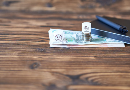 Money and daily planner on wooden background. Income planning concept, buying a house.の写真素材