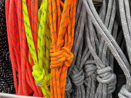 Multicolored athletic shoe laces in a row, close-up view.