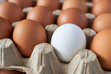 Chicken eggs in a carton box on a wooden background. Close-up.の写真素材