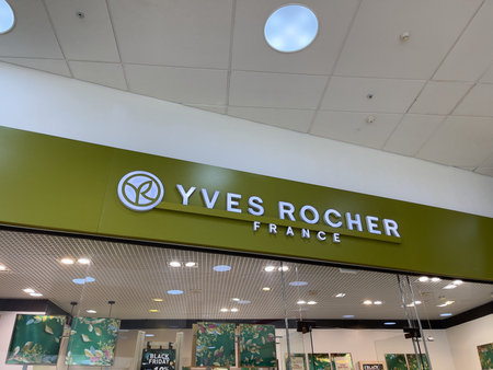 Novosibirsk, Siberia, Russia - November 25, 2023. Yves Rocher store in Russia. A close-up of the signboard.のeditorial素材