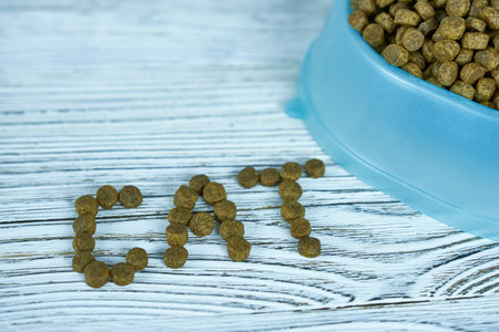Cat food in a bowl on wooden background. Cat food in a bowl. Inscription cat.