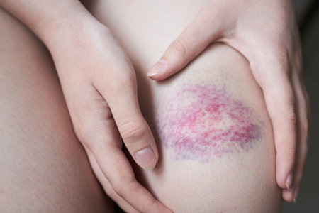 Bruise. Contusion on the knee of a teenage girl. Close-up image of a girl sitting and holding an injured leg with a hematoma.の写真素材