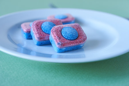 Dishwasher detergent tablets and clean dishes on green background. Shallow depth of field.の写真素材