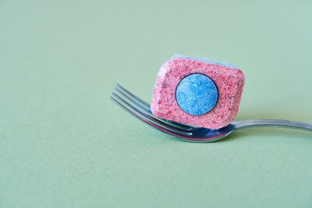 Fork and dishwashing detergent in tablet form on green background. Selective focus.