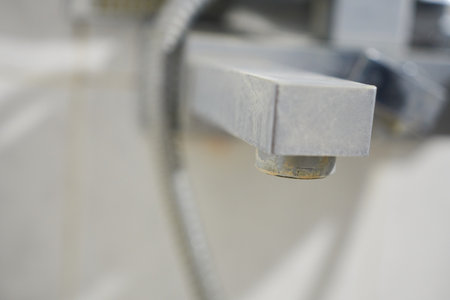Close-up of a faucet in lime scale with shallow depth of field. Bath faucet with lime scale.の写真素材