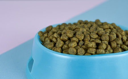 Dog food in bowl on pink and blue background. Close up.の写真素材