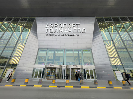 Novosibirsk, Siberia, Russia - September 13, 2023. The central entrance to Tolmachevo International Airport.のeditorial素材