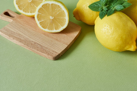 Fresh lemons and a wooden cutting board on a green background. Copy space.の写真素材