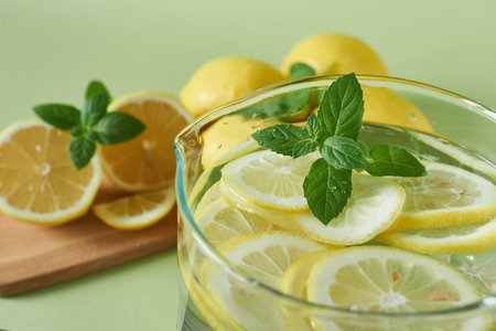 A pitcher of lemonade with mint and lemons on a green background, closeup