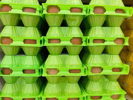 Green plastic egg box on shelf in supermarket. Close up view.