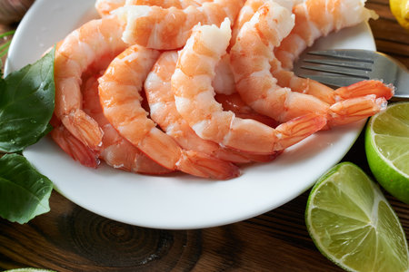 Fresh raw shrimps on plate with lime on wooden table, closeupの写真素材