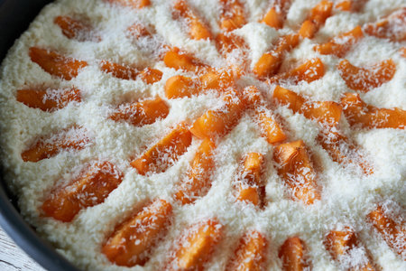 Cake with persimmon and coconut flakes, close-upの写真素材