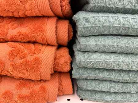 Stack of colorful towels on the shelf in the store. Close up.の写真素材