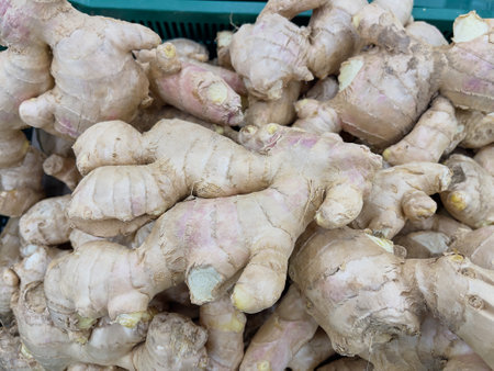 Ginger root in the market, close up of ginger root for background