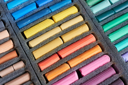 Multicolored pastel crayons in a box. Art material.の写真素材