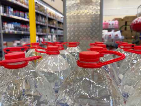 Plastic bottles of distilled water on a supermarket shelf, shallow depth of fieldの写真素材