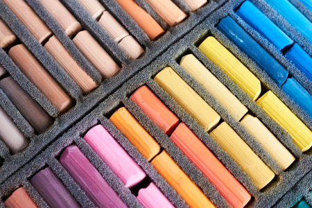 Colorful pastel crayons in a box, closeupの写真素材