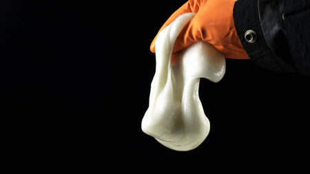 one hand holding slime made from dissolved in acetoneの写真素材
