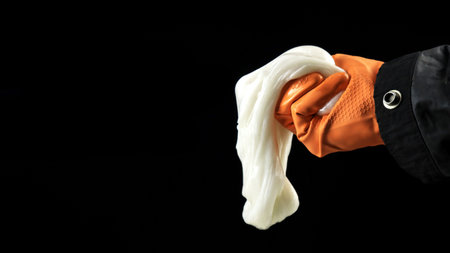 one hand holding slime made from dissolved in acetoneの写真素材