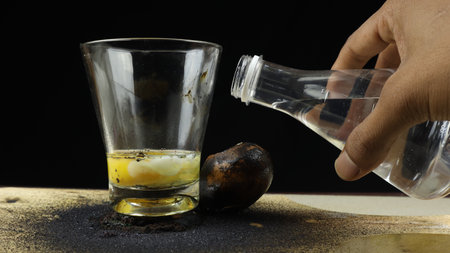 Experiments to burn eggs with a chemical reaction of Potassium Permanganate (KMno4) and Glycerin. The concept of a combustion reaction using chemistry for education and science in schoolsの写真素材