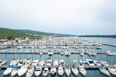 Marina with yachts and motor boats in the Adriatic Sea, Croatiaの写真素材