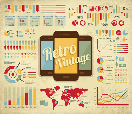 retro vector set of infographic elements for your documents and reports with three touchscreen mobile phone devicesのイラスト素材
