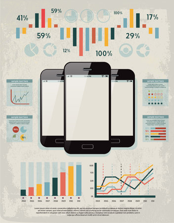 retro vector set of infographic elements for your documents and reports with three glossy touchscreen mobile phone devicesのイラスト素材