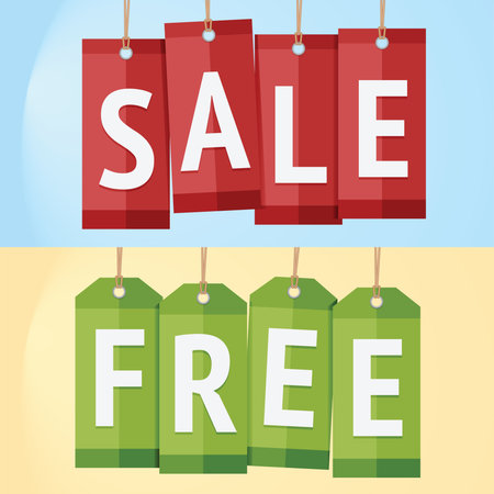 Sale and Free Label hanging on the ropeのイラスト素材