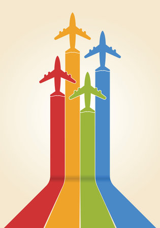 Airplane fly with rainbow trail as presentation of business launch.のイラスト素材