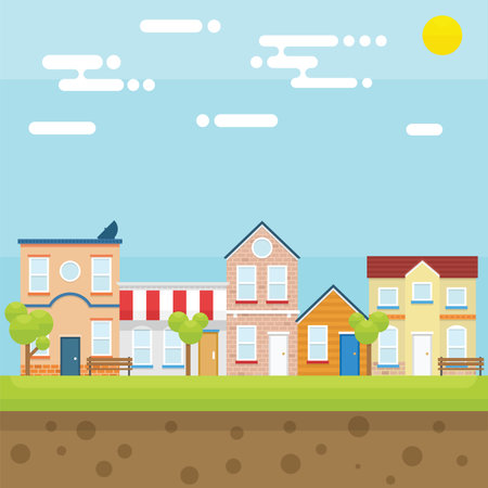 City in Summer with bright and flat design conceptのイラスト素材