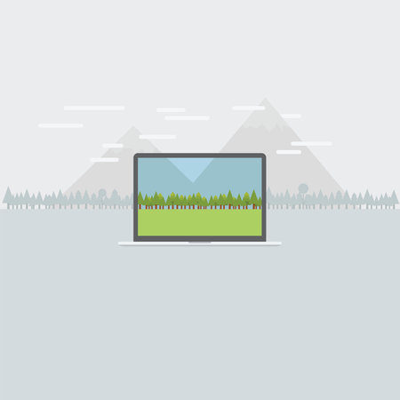 Forest and Mountain view looks colorful from laptopのイラスト素材