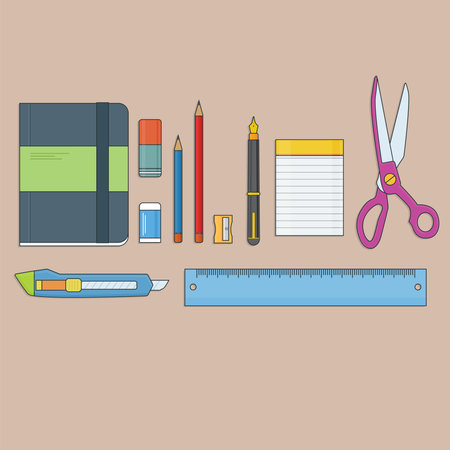 Stationery supply on the desk with cartoon looksのイラスト素材