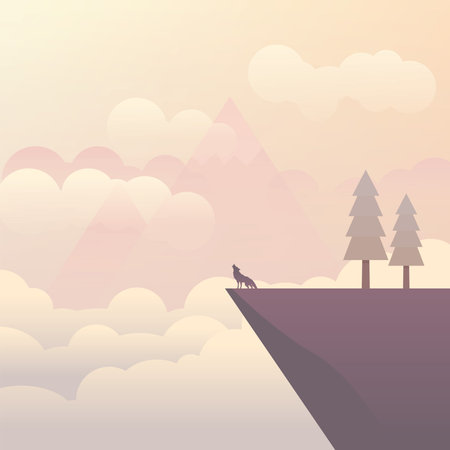 Nature scene with mountain in the background and wolfのイラスト素材