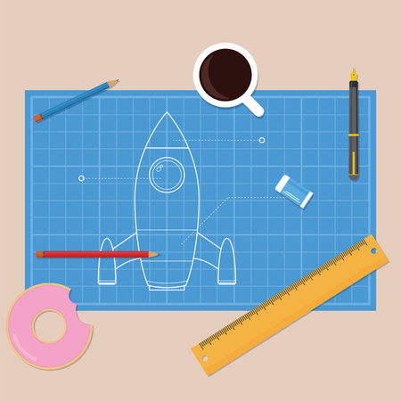 Blue print with rocket drawing and stationery around itのイラスト素材